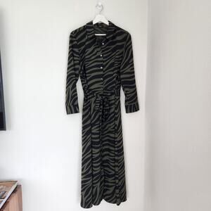 Ann Taylor Factory Green Black Zebra Print Button Front Belted Maxi Shirt Dress